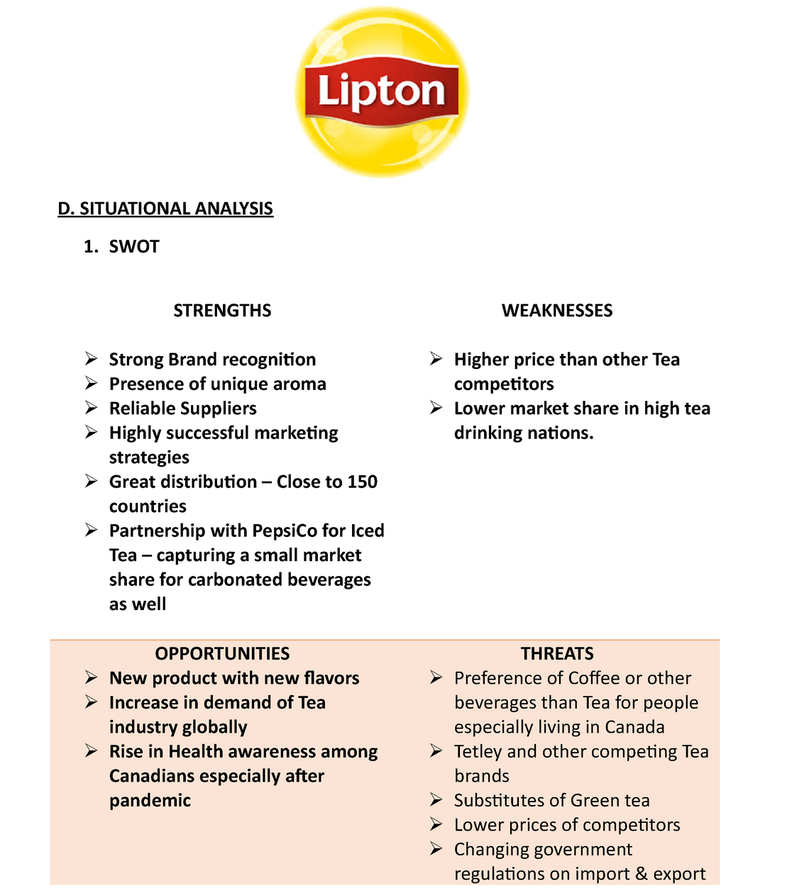 SWOT analysis of Lipton